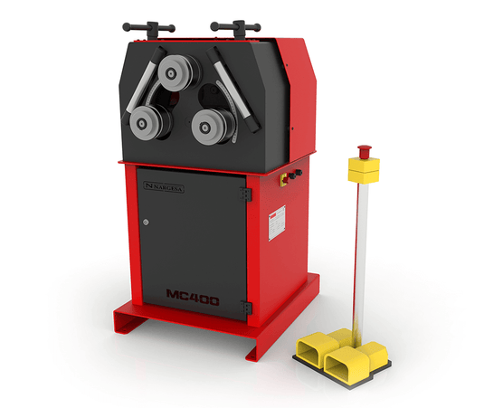 Nargesa MC400 section bending machine with dual rollers, red and black frame, and yellow foot pedal control