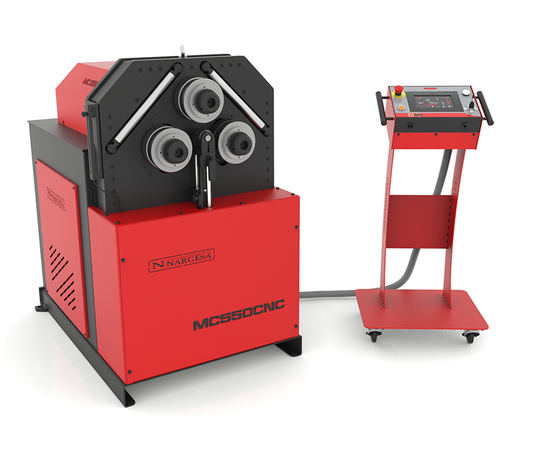 Nargesa MC550CNC section and tube bending machine with three traction rollers, red and black frame, and CNC control pendant