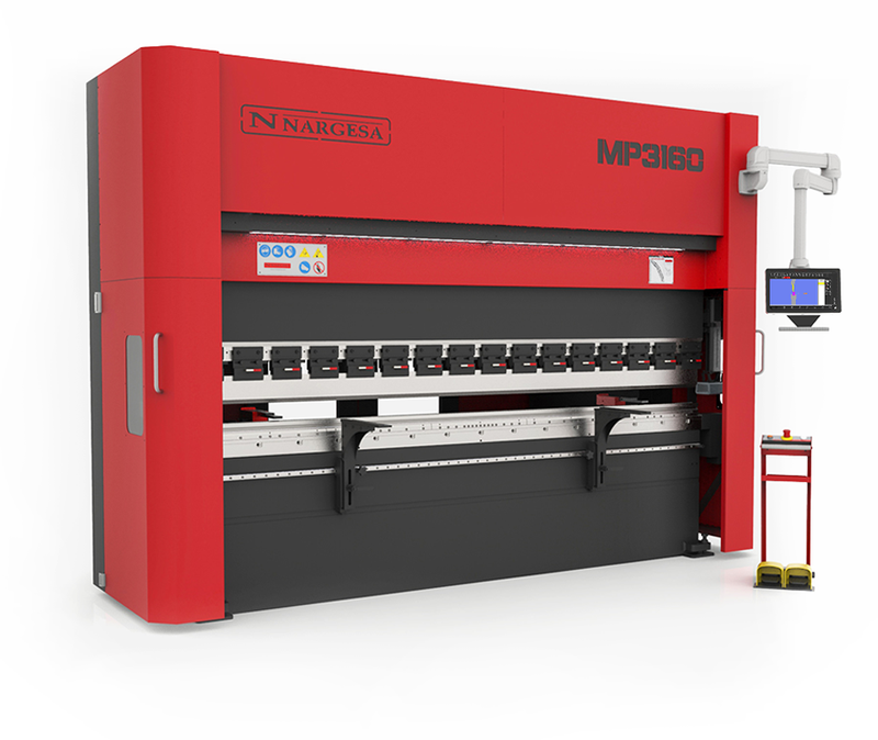 Load image into Gallery viewer, Nargesa MP3160CNC 160-ton CNC hydraulic press brake with red frame, ESA control pendant, and yellow foot pedal
