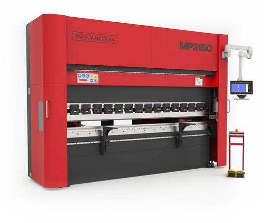 Nargesa MP3160CNC 160-ton CNC hydraulic press brake with red frame, ESA control pendant, and yellow foot pedal