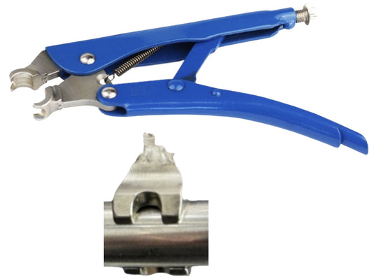 TIG Tack Stapler with blue handle and interchangeable narrow jaw insert for small diameter tube alignment