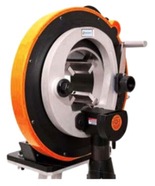 Load image into Gallery viewer, Orbital Service OTS Pipe Cutting Machine with orange and black body, mounted on stand with foot pedal
