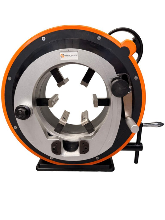 Orbital Service large diameter pipe cutter with silver clamp jaws and orange housing