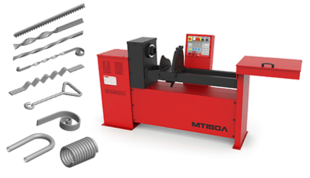 Load image into Gallery viewer, Nargesa MT150A ornamental twisting and bending machine with sample twisted bars, scrolls, hooks, and rings
