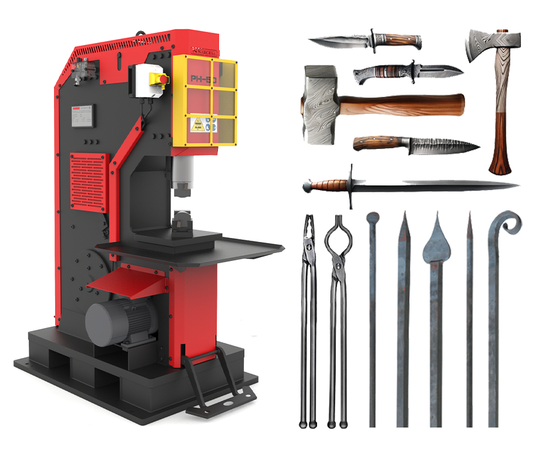 Nargesa PH50 Pneumatic Power Hammer with 50 kg dropping weight shown alongside forged knives, axes, sword, and blacksmith tools