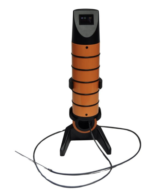 PRO2stick Oxygen Analyzer standing on vertical support with display and sensor cable for orbital TIG welding purge control