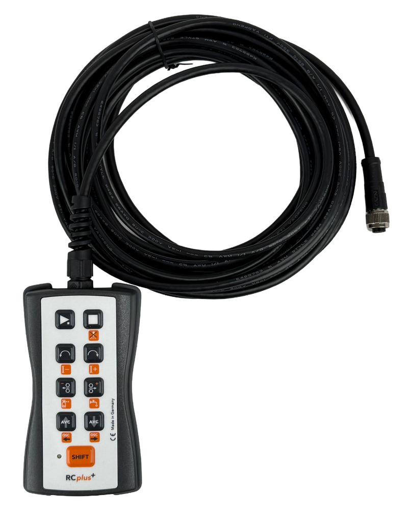 Load image into Gallery viewer, Handheld RC Plus+ Remote Controller showing the device as well as a black cord coiled up, meant to plug into the orbital welding machine. 
