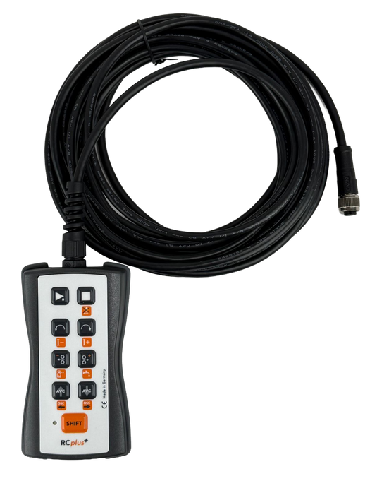 Handheld RC Plus+ Remote Controller showing the device as well as a black cord coiled up, meant to plug into the orbital welding machine. 