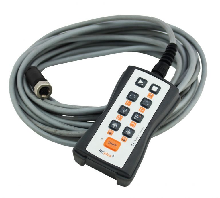 Load image into Gallery viewer, Handheld RC Plus+ Remote Controller showing the device as well as the cord to plug into the orbital welding machine. 
