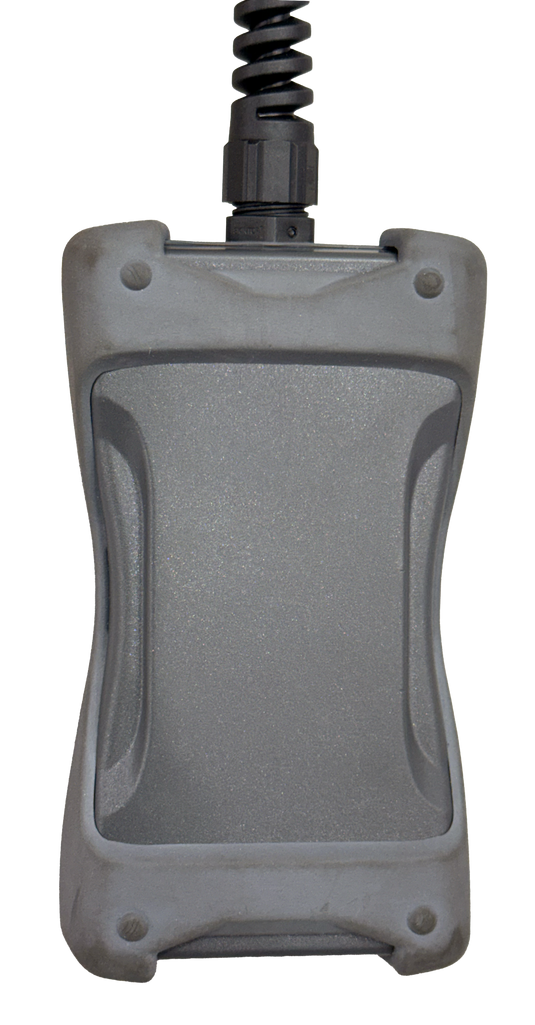Backside view of RC Plus+ handheld remote; it is a black plastic backer, in a rectangular shape. 