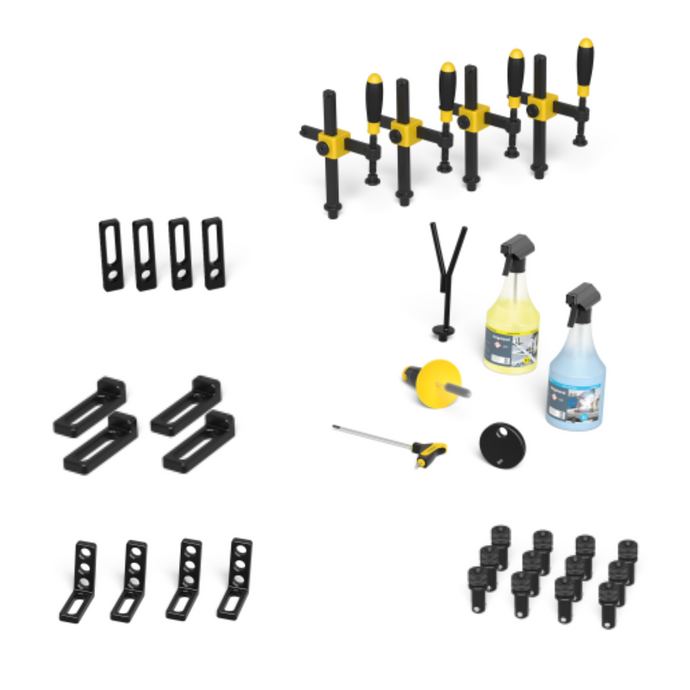 Set 1 system 16 - starter kit - (x4) 160610 Professional Screw Clamp ‐ burnished/nitrided 
160511 Fast Clamping Bolt without slot double-burnished (x12)
160420.N Universal Stop 115 L ‐ nitrided  (x4)
160108.N Stop and Clamping Square 90 X Nitrided  (x4)
160110.N Stop and Clamping Square 90 L Nitrided ea (x4) 
163999 System 16 Accessory Kit ea (x1) 