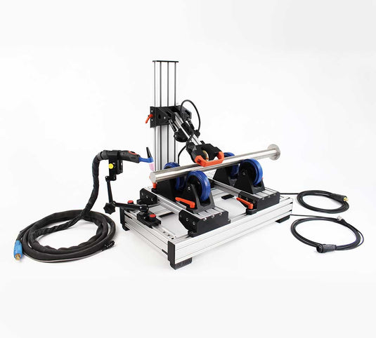 Orbital Service TR 1000 rolling system with motorized rollers, linear guide torch arm, and TIG torch positioned on a stainless steel pipe