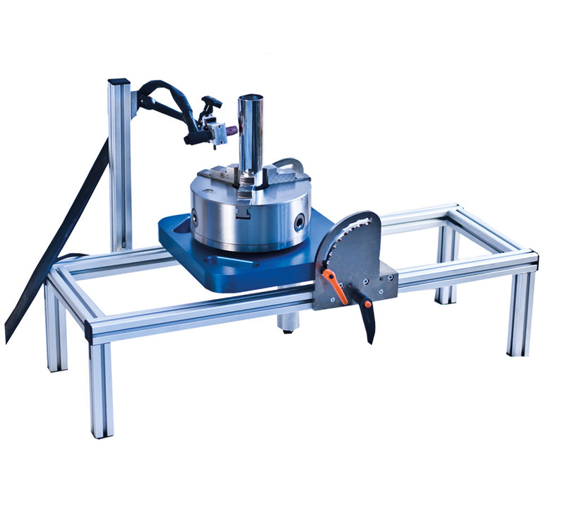 Load image into Gallery viewer, Orbital Service TURN Series welding turn table with three-jaw chuck mounted on aluminum extrusion frame for precision rotary positioning
