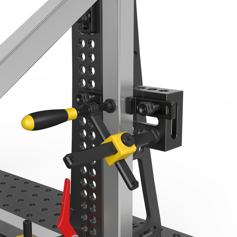 Siegmund screw clamps and stop mounted on a welding table square, close-up render