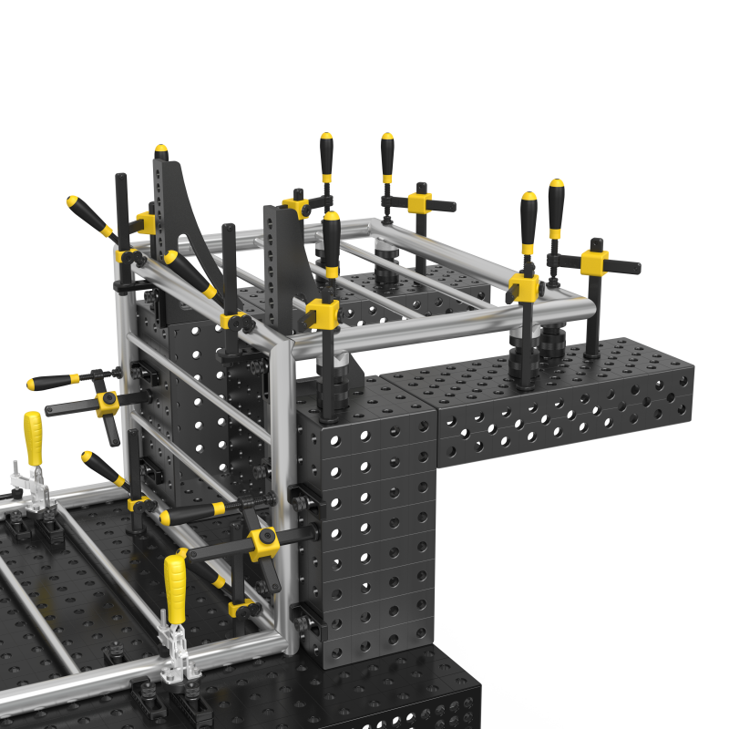 Siegmund welding table 3D render with a fixture built from squares and screw clamps