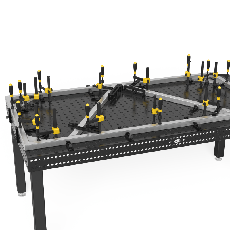 Siegmund welding table 3D render set up with screw clamps, stops and squares