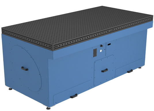 GEF GTW System 16 2.4 x 1.2 m blue downdraft welding table with integrated fume extraction, front corner view