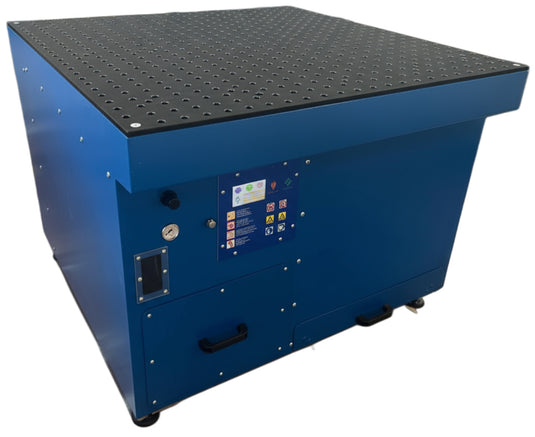 GEF GTW System 16 blue downdraft welding table with integrated fume extraction, Front Corner View