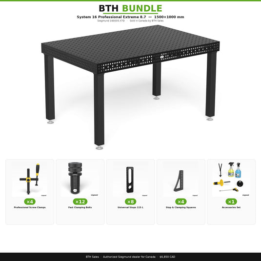 BTH Bundle: Siegmund System 16 Professional Extreme 8.7 welding table 1500x1000mm (160035.X7D) with 4 professional screw clamps, 12 fast clamping bolts, 8 universal stops, 4 stop and clamping squares, and 1 accessories set. Sold in Canada by BTH Sales.