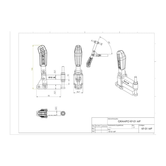 Kifix KF-01 MP clamp dimension drawing with side, top and 3D views in mm