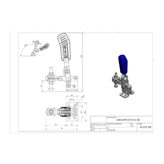 Kifix KF-012 DB vertical toggle clamp dimension drawing with side, top and 3D views in mm
