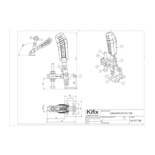 Kifix KF-017 DB vertical toggle clamp dimension drawing with side, top and 3D views in mm