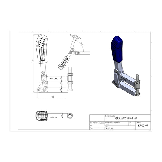 Kifix KF-02 MP clamp dimension drawing with side, top and 3D views in mm