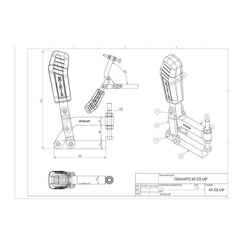 Load image into Gallery viewer, Kifix KF-03 MP clamp dimension drawing with side, top and 3D views in mm
