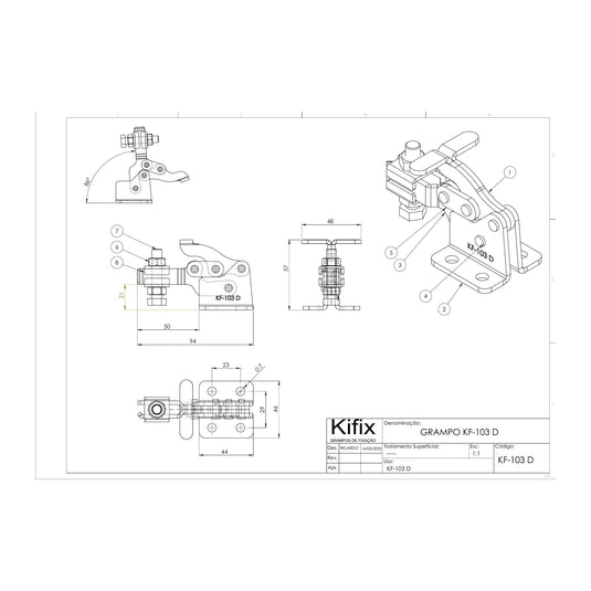 Kifix KF-103 D horizontal toggle clamp dimension drawing with side, top and 3D views in mm