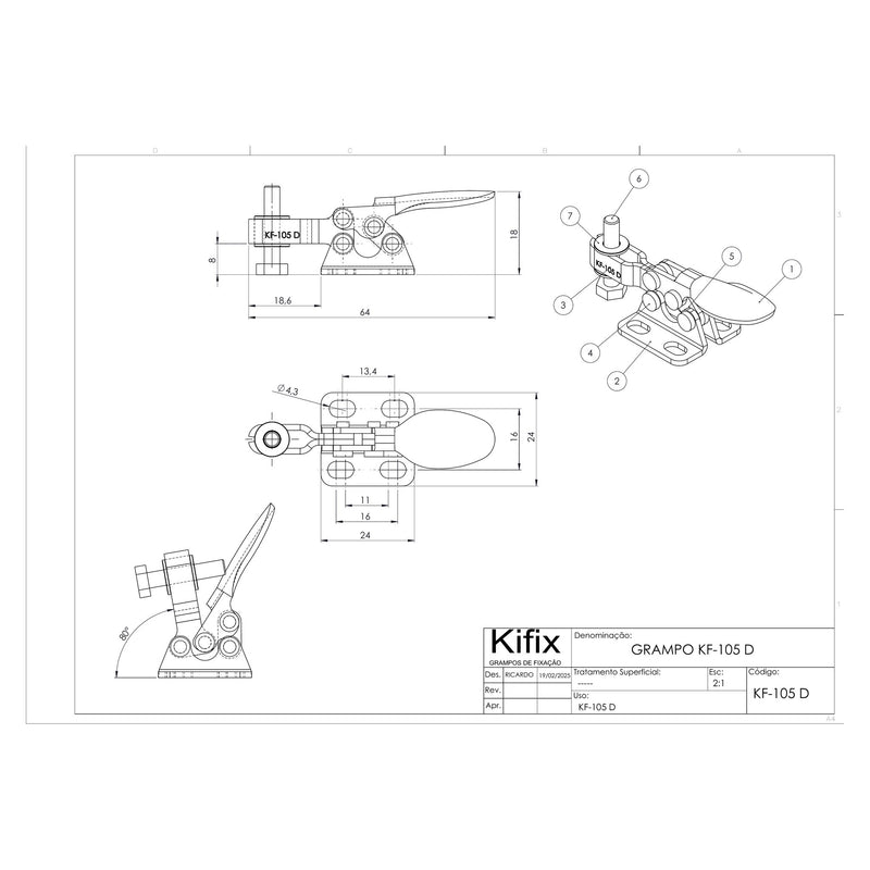 Load image into Gallery viewer, Kifix KF-105 D horizontal toggle clamp dimension drawing with side, top and 3D views in mm
