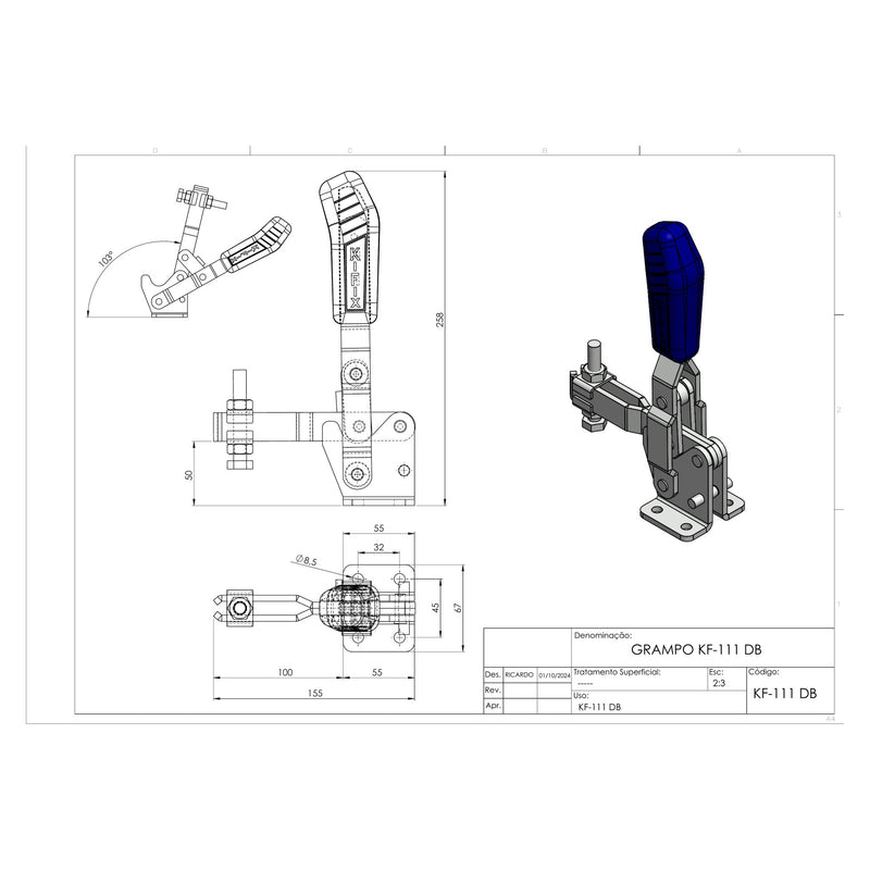 Load image into Gallery viewer, Kifix KF-111 DB vertical toggle clamp dimension drawing with side, top and 3D views in mm
