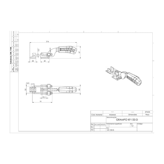Kifix KF-133 D pull-action latch clamp dimension drawing with side, top and 3D views in mm