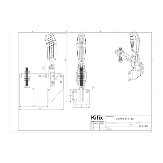 Kifix KF-311 DB vertical toggle clamp dimension drawing with side, top and 3D views in mm