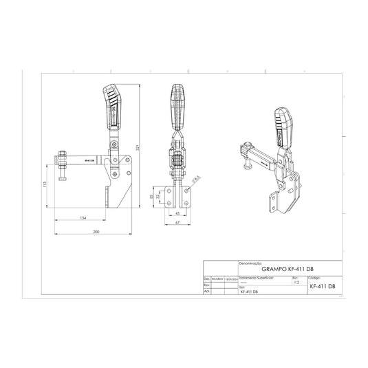 Kifix KF-411 DB vertical toggle clamp dimension drawing with side, top and 3D views in mm