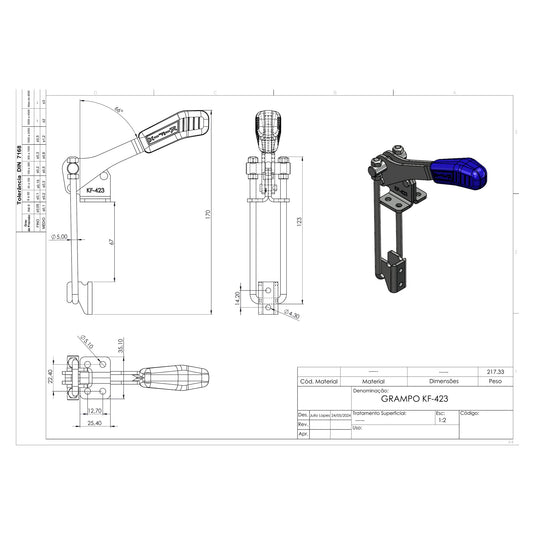 Kifix KF-423 pull-action latch clamp dimension drawing with side, top and 3D views in mm