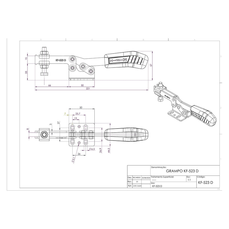 Load image into Gallery viewer, Kifix KF-523 D horizontal toggle clamp dimension drawing with side, top and 3D views in mm
