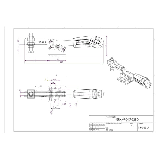 Kifix KF-523 D horizontal toggle clamp dimension drawing with side, top and 3D views in mm