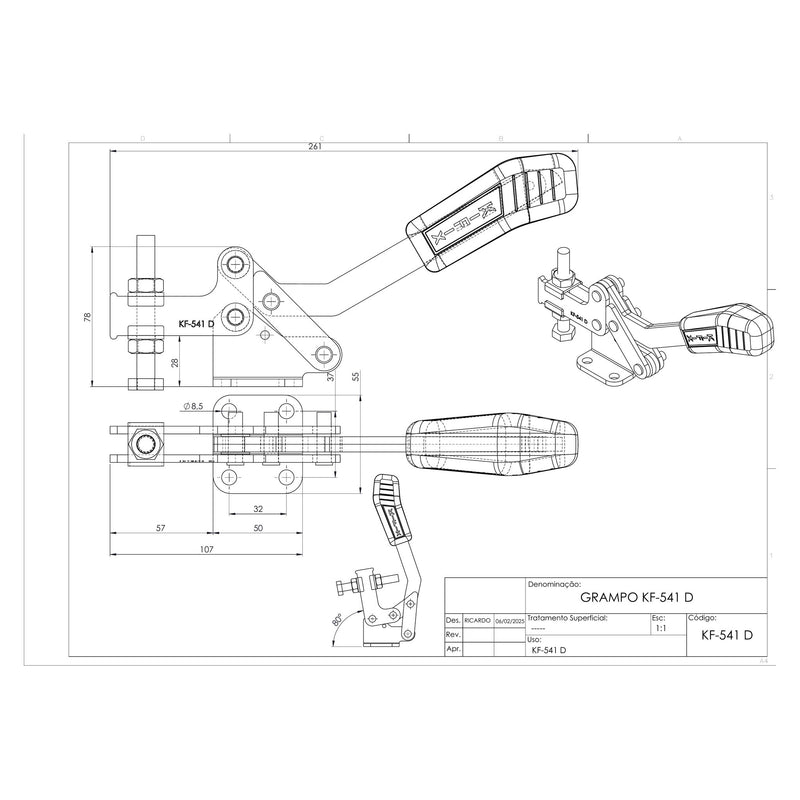 Load image into Gallery viewer, Kifix KF-541 D horizontal toggle clamp dimension drawing with side, top and 3D views in mm
