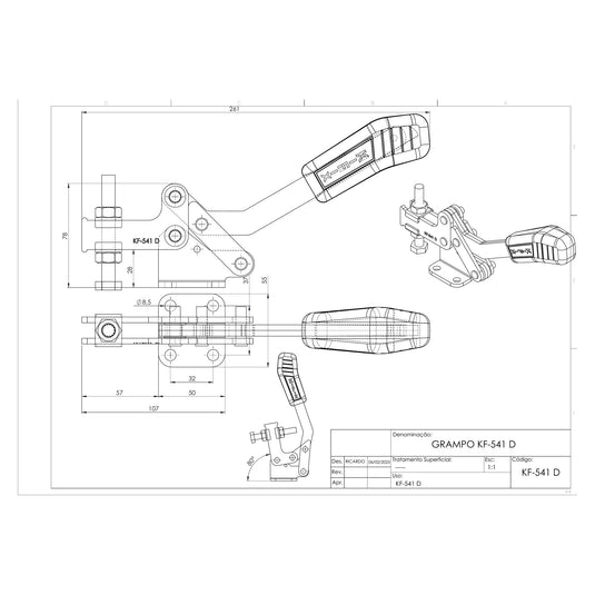 Kifix KF-541 D horizontal toggle clamp dimension drawing with side, top and 3D views in mm