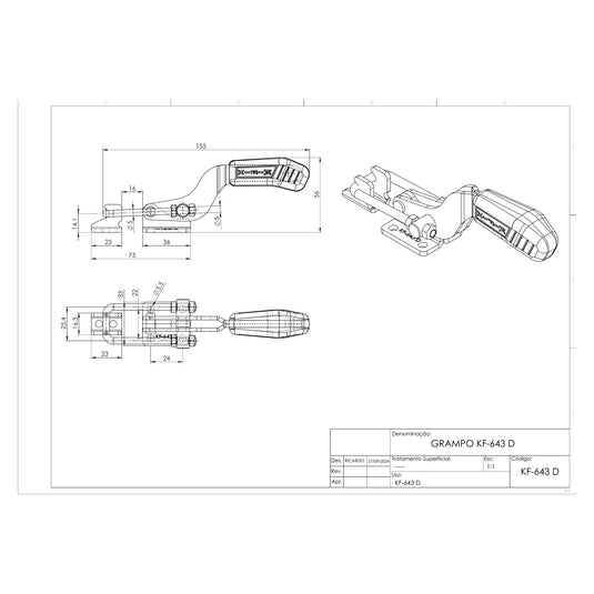 Kifix KF-643 D pull-action latch clamp dimension drawing with side, top and 3D views in mm