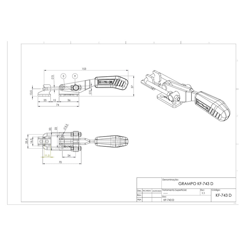 Load image into Gallery viewer, Kifix KF-743 D pull-action latch clamp dimension drawing with side, top and 3D views in mm
