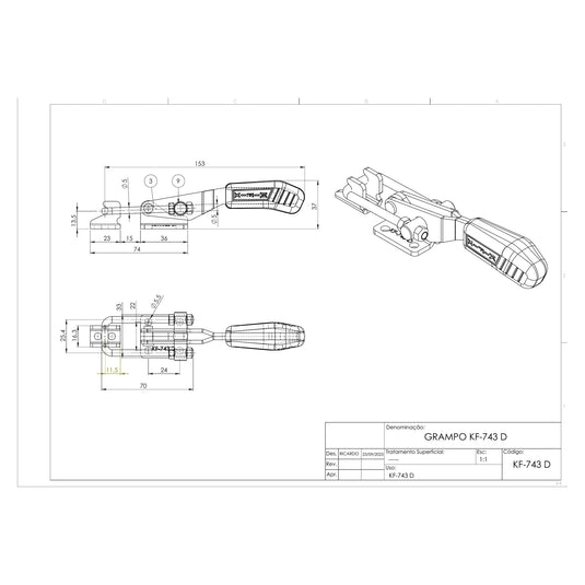 Kifix KF-743 D pull-action latch clamp dimension drawing with side, top and 3D views in mm