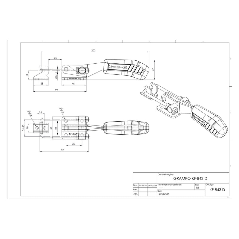 Load image into Gallery viewer, Kifix KF-843 D pull-action latch clamp dimension drawing with side, top and 3D views in mm
