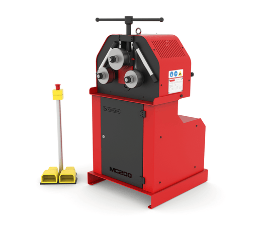 Nargesa MC200 section and pipe bending machine with dual motorized rollers, red and black frame, and foot pedal control