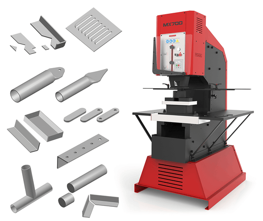 Nargesa MX700 Hydraulic Punching Machine with 70-ton capacity shown alongside sample punched, bent, and formed metal components