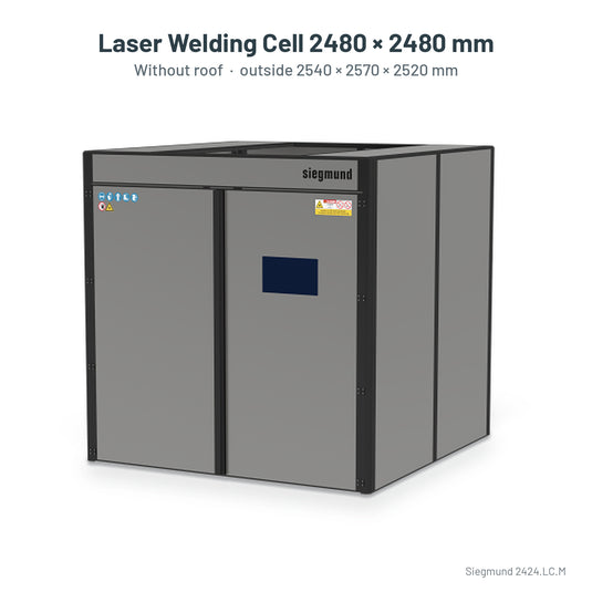 Siegmund laser welding cell 2480 x 2480 mm without roof, labelled with outside size 2540 x 2570 x 2520 mm (Siegmund 3D render)