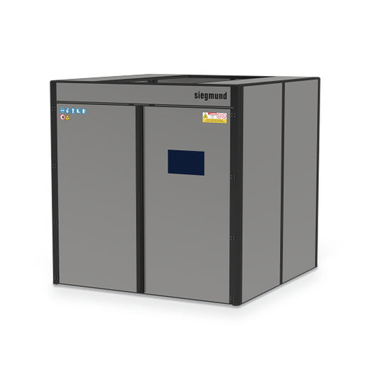 Siegmund modular laser welding cell 2480 x 2480 mm without roof, open top, on a white background (Siegmund 3D render)