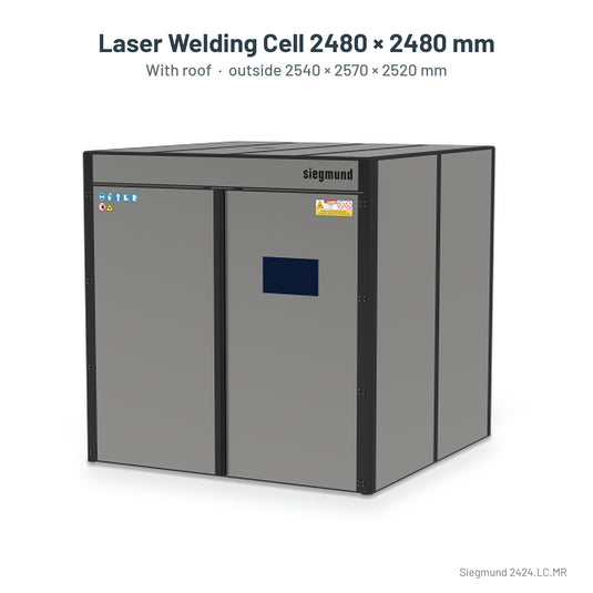 Siegmund laser welding cell 2480 x 2480 mm with roof, labelled with outside size 2540 x 2570 x 2520 mm (Siegmund 3D render)