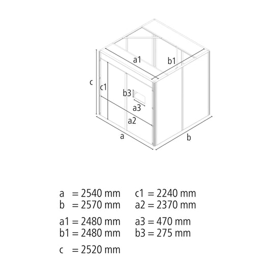 Siegmund dimension drawing of the 2480 x 2480 mm laser welding cell, outside size 2540 x 2570 x 2520 mm