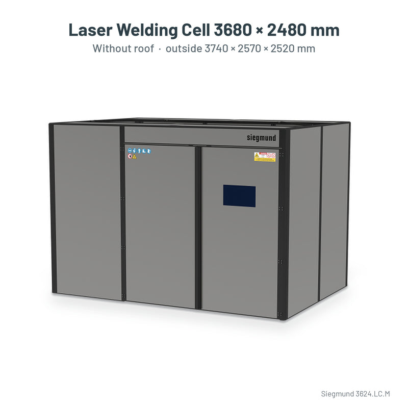 Load image into Gallery viewer, Siegmund laser welding cell 3680 x 2480 mm without roof, labelled with outside size 3740 x 2570 x 2520 mm (Siegmund 3D render)
